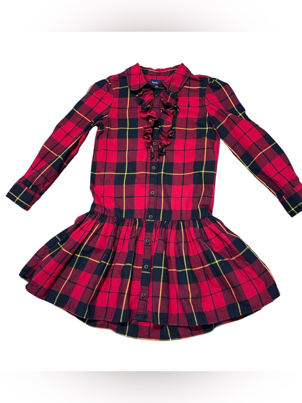 Ralph Lauren Girls Plaid Shirt Dress Red Black Ruffle Button Front Size 6X